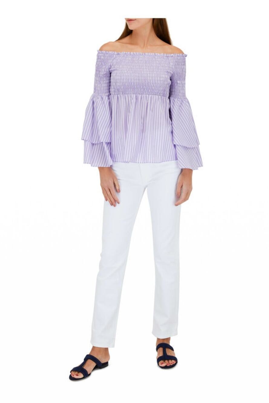 L’Agence Denver purple stripe off shoulder smocked top size M